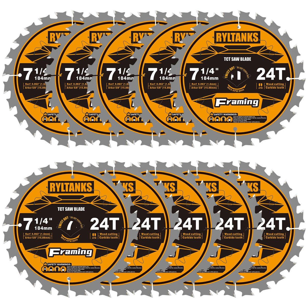 Ryltanks 7-1/4 Inch Circular Saw Blade 24T with 5/8 Inch Arbor, 10-Pack