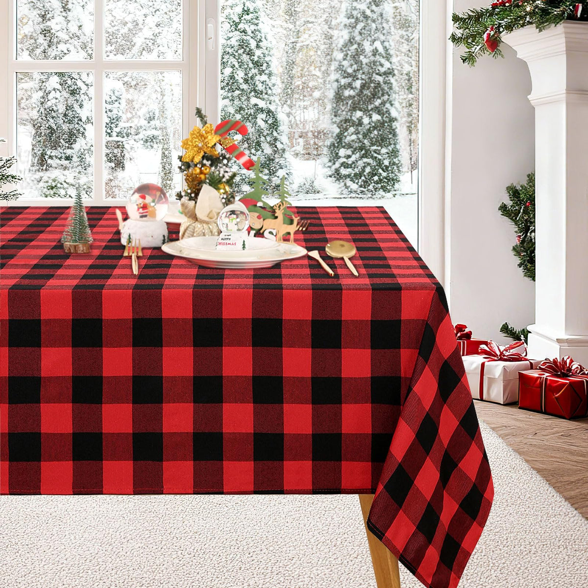 Christmas Tablecloth 56x84 Inches Black and Red Plaid Table Cloth Buffalo Checkered Tablecloth for Xmas Party