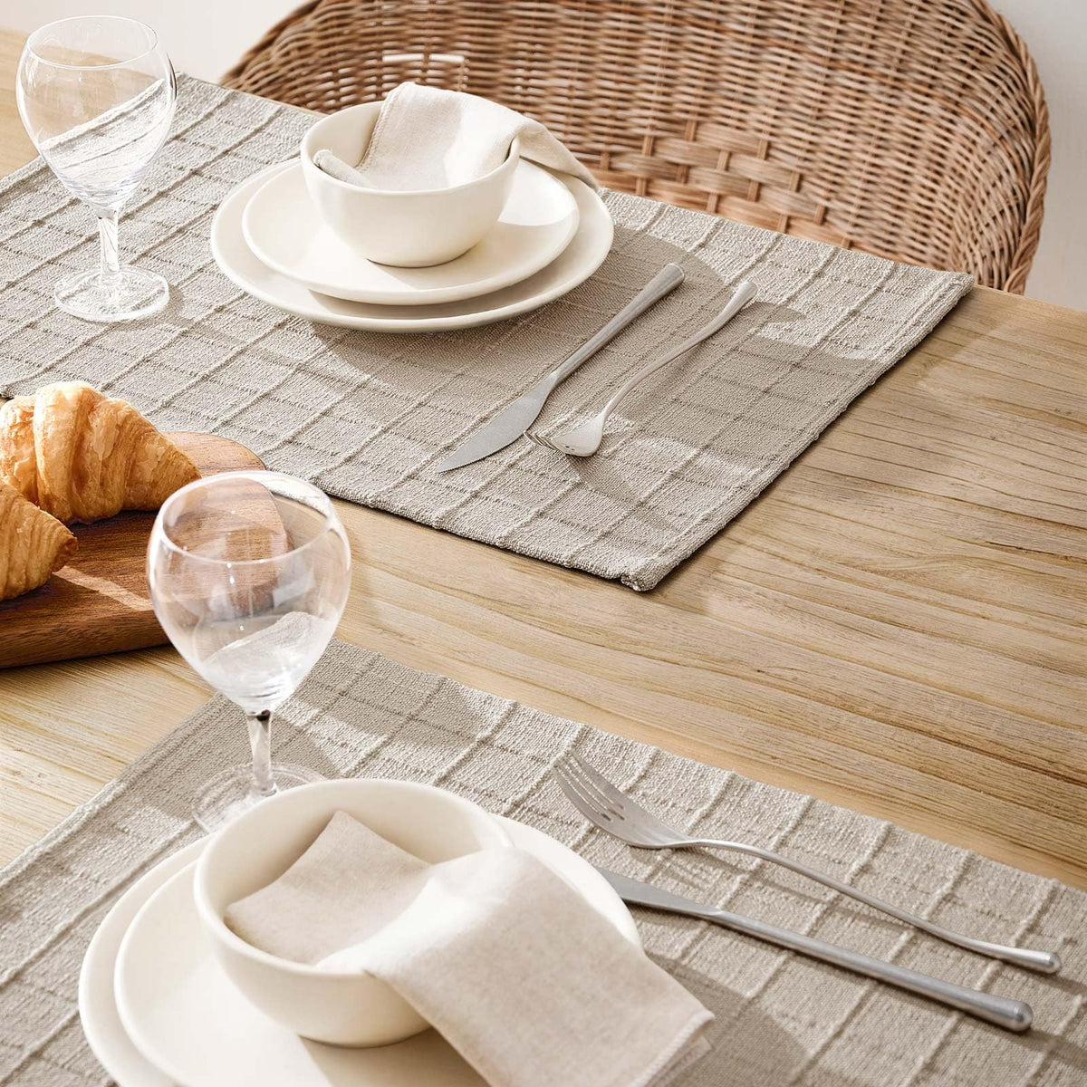 Artisanal Grid Decorative Linen Placemats Set of 6, Neutral Beige