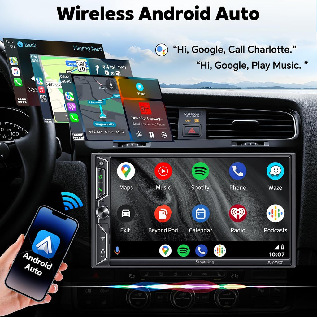 [QLED Screen Upgrade] 7" Double Din Car Stereo with Wireless Apple CarPlay and Android Auto, 240W Powerful Sound