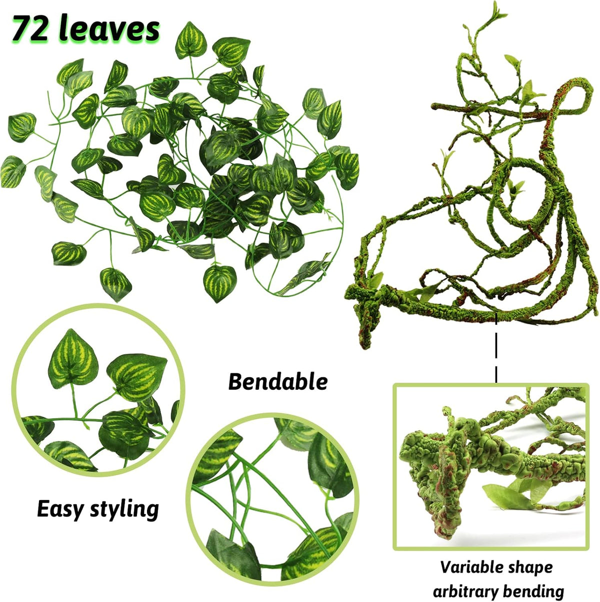 Reptile Plants, Terrarium Hanging Plant Vines Artificial Leaves Reptile Hide, Leopard Gecko Tank Accessories