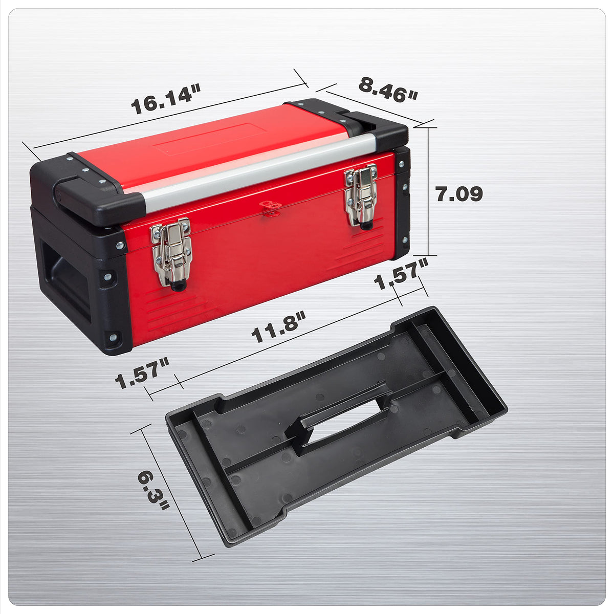Metal Tool Box Steel 16" Inch Tool Organizer Box Durable Portable Tool Storage with Alum Alloy Handle Double-Lock