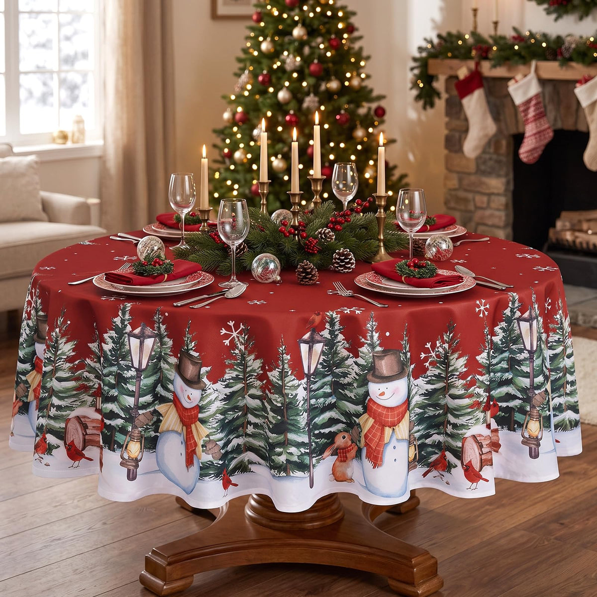 Christmas Table Cloth Round 70 Inch Winter Snowman Trees Red