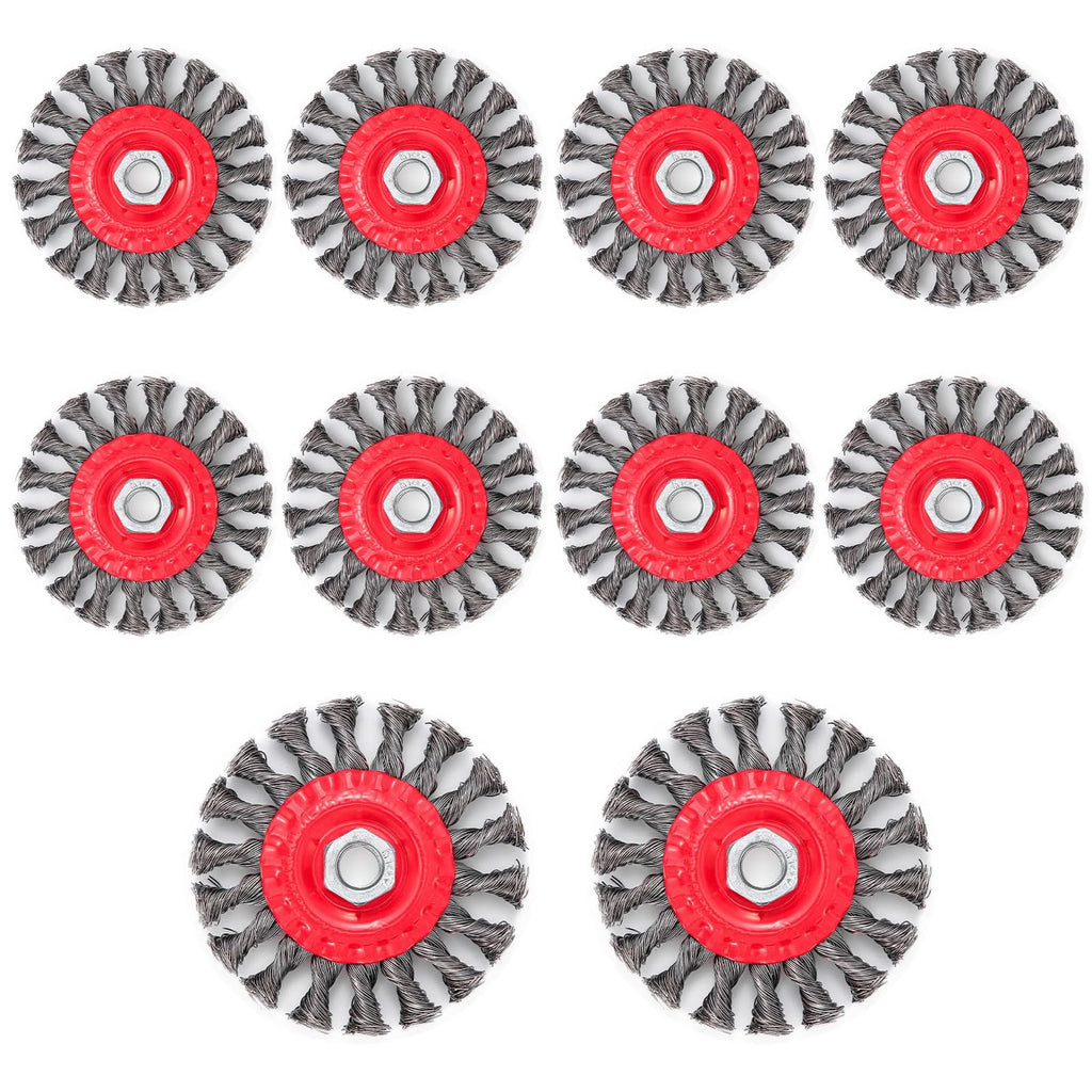 Idong 10 Pack 4 Inch Wire Wheels for 4-1/2" Angle Grinder, Twist Knotted Wire Wheel Brush with 5/8 Inch-11 Threaded Arbor, Carbon Steel Wire for Heavy Duty Rust, Paint, Corrosion Removal