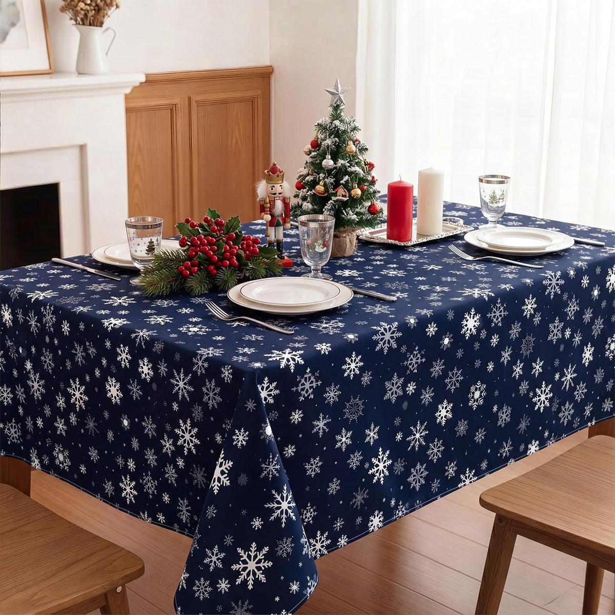 Christmas Tablecloth 60 x 84 Inch, Navy Blue Snowflake Rectangle