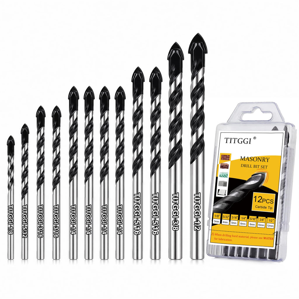 12-Piece Masonry Drill Bit Set & Concrete Drill Bit Set, 7 Sizes, 1/8"-1/2"