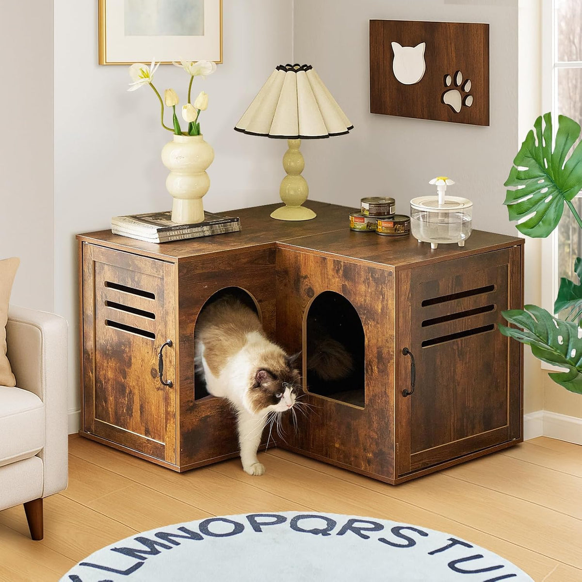 31.5in Corner Cat Litter Box Enclosure with Double Room, Brown