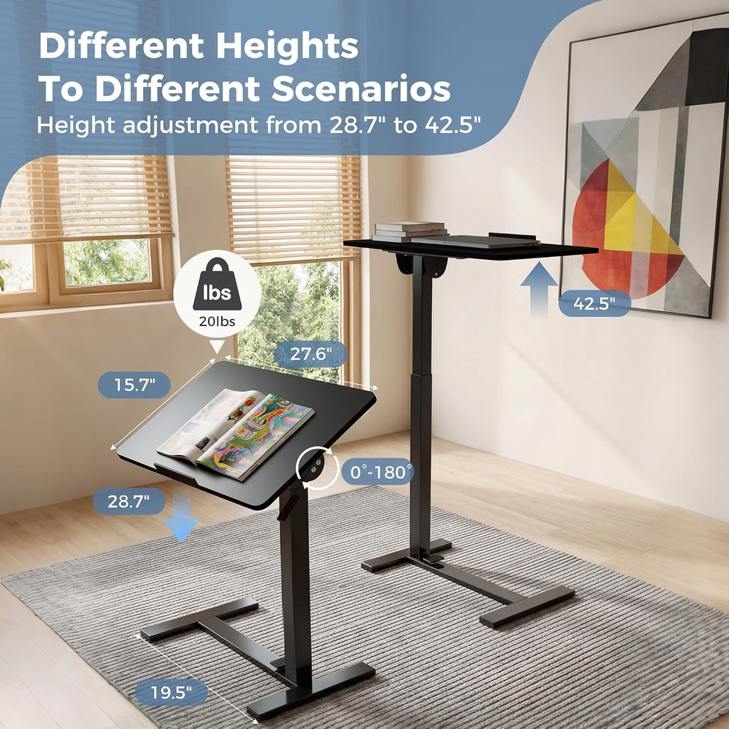 Overbed Table with Wheels, Height-Adjustable Bedside Table, Black