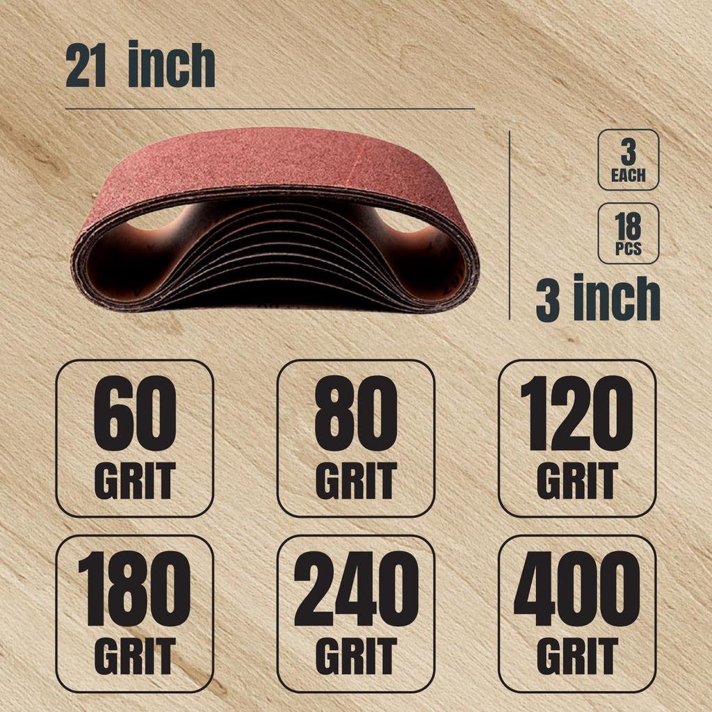 POWERTEC 3 x 21 Inch Sanding Belts, 18PK, 3 Each of 60/80/120/180/240/400 Grits Aluminum Oxide Sandpaper, 3x21 Sanding Belt for Portable Belt Sander, Woodworking, Paint Sanding, Metalworking (110438V)