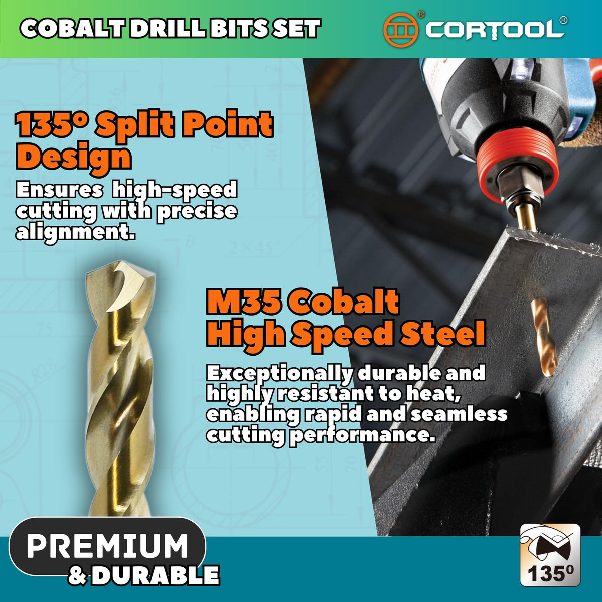 CORTOOL 5/32 inch Cobalt Drill Bits (12Pcs), M35 HSS Metal Jobber Length Twist Drill Bit Set for Hard Metal, Stainless Steel, Iron, Copper, Aluminium, Brass, Plastic & Wood