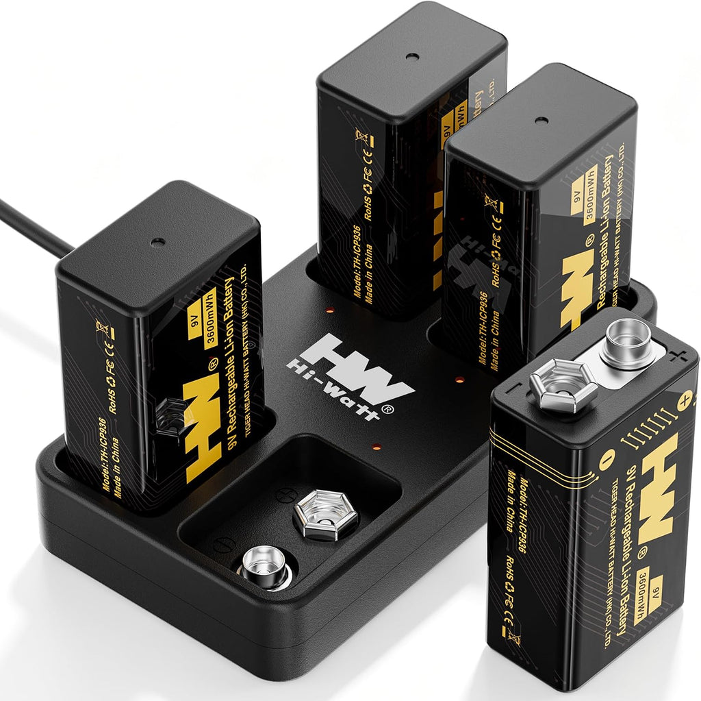 9V Batteries，[4-Pack] 3600mWh Rechargeable 9 Volt Battery with Charger Square Li-ion Betaria for Smoke