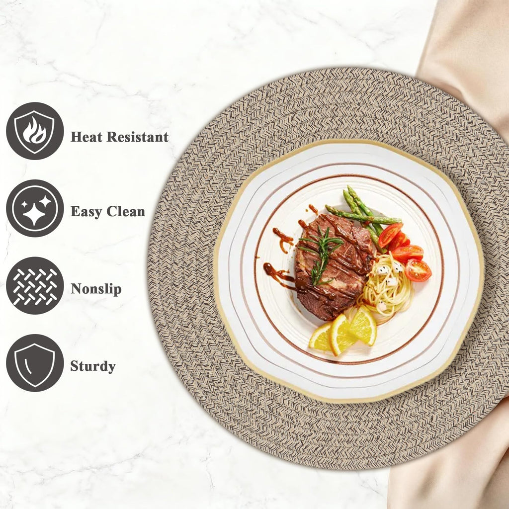 Round Placemats Set of 6, Cotton Rope Woven Table Mats, Hot Pads for Kitchen, Non Slip Heat Resistant Place Mats, 13