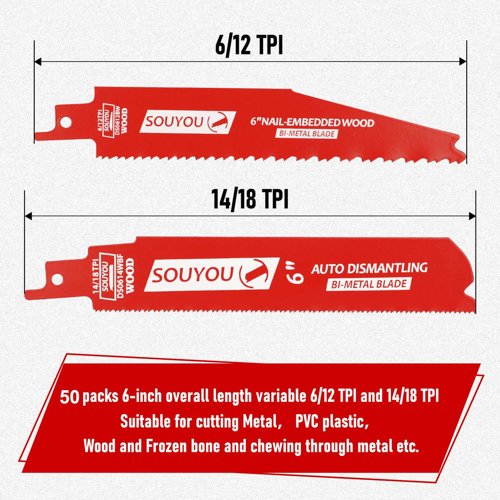 Souyou 50 Pack 6 Inch 14/18 TPI Bi-Metal Reciprocating Saw Blade Carbide Alloy Steel for Metal Steel Wood Cutting, Non-Stick Coated for Less Heat and Friction, for 1/16-5/16 Medium Metals