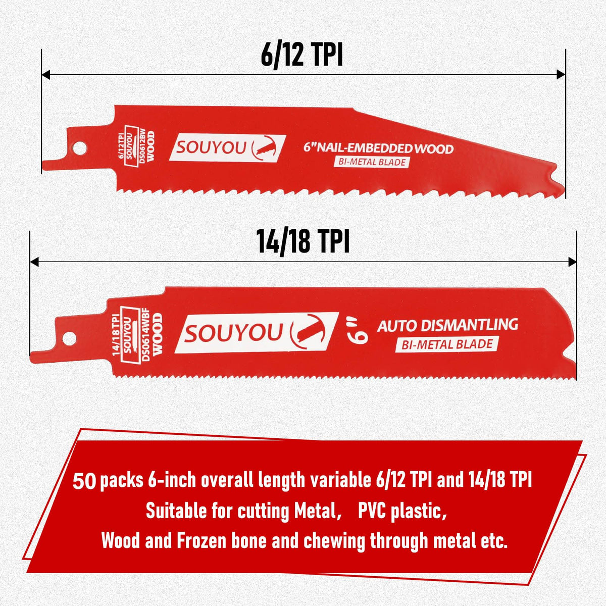 Souyou 50 Pack 6 Inch 14/18 TPI Bi-Metal Reciprocating Saw Blade Carbide Alloy Steel for Metal Steel Wood Cutting, Non-Stick Coated for Less Heat and Friction, for 1/16-5/16 Medium Metals