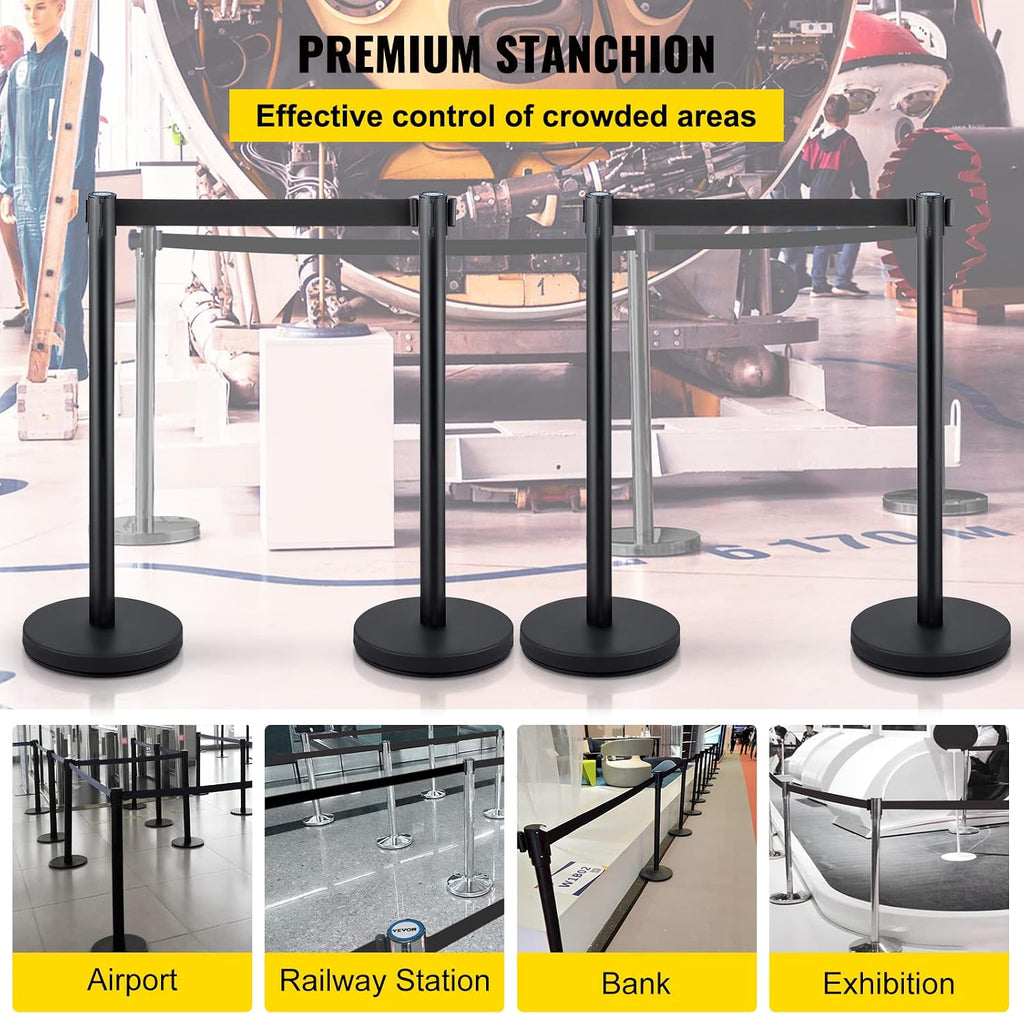 Crowd Control Stanchion Set, Stanchion Set with 6.6 ft/2 m Black Retractable Belt, Black Crowd Control Barrier