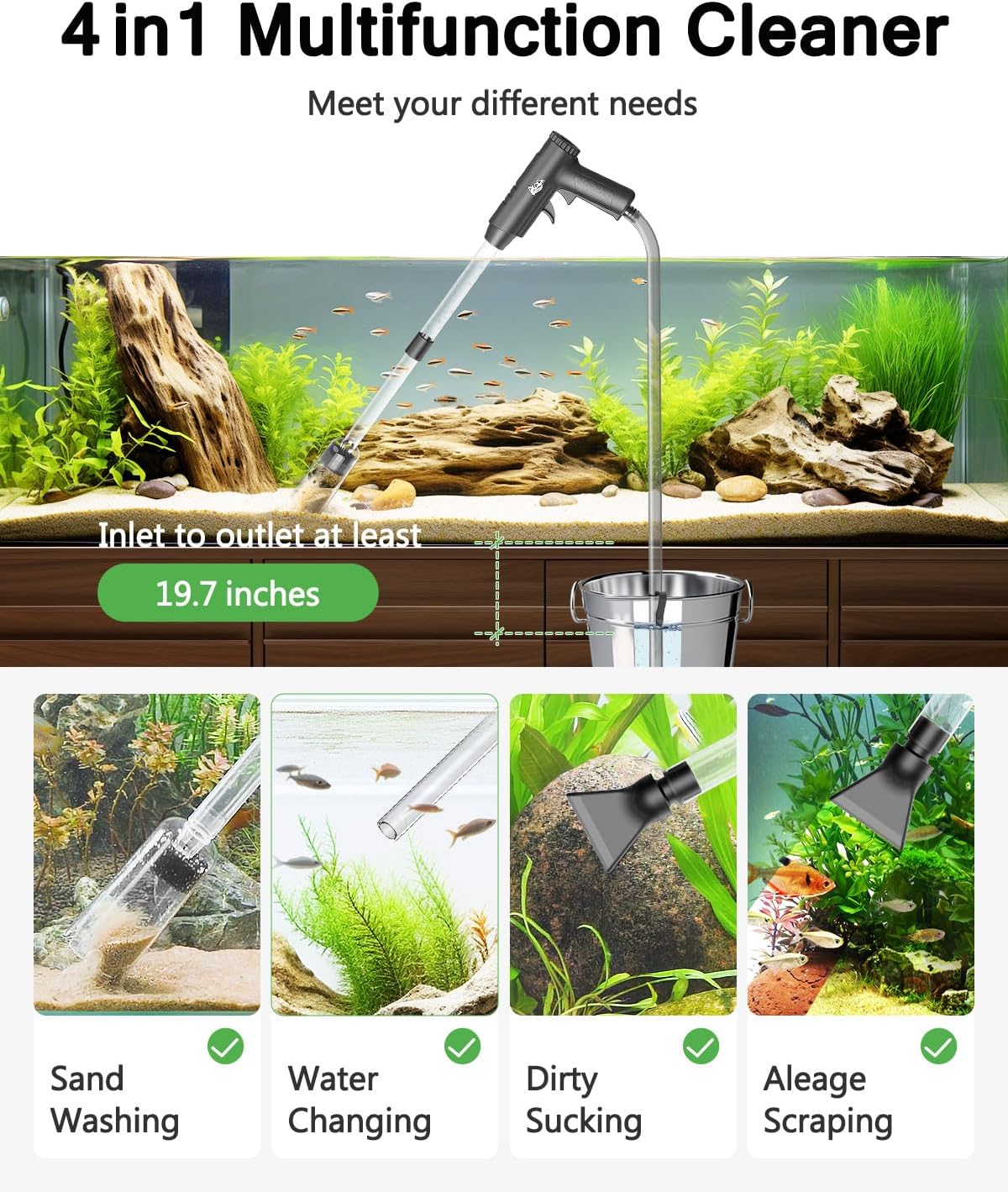 4-in-1 Aquarium Gravel Cleaner, Adjustable Flow Fish Tank Vacuum
