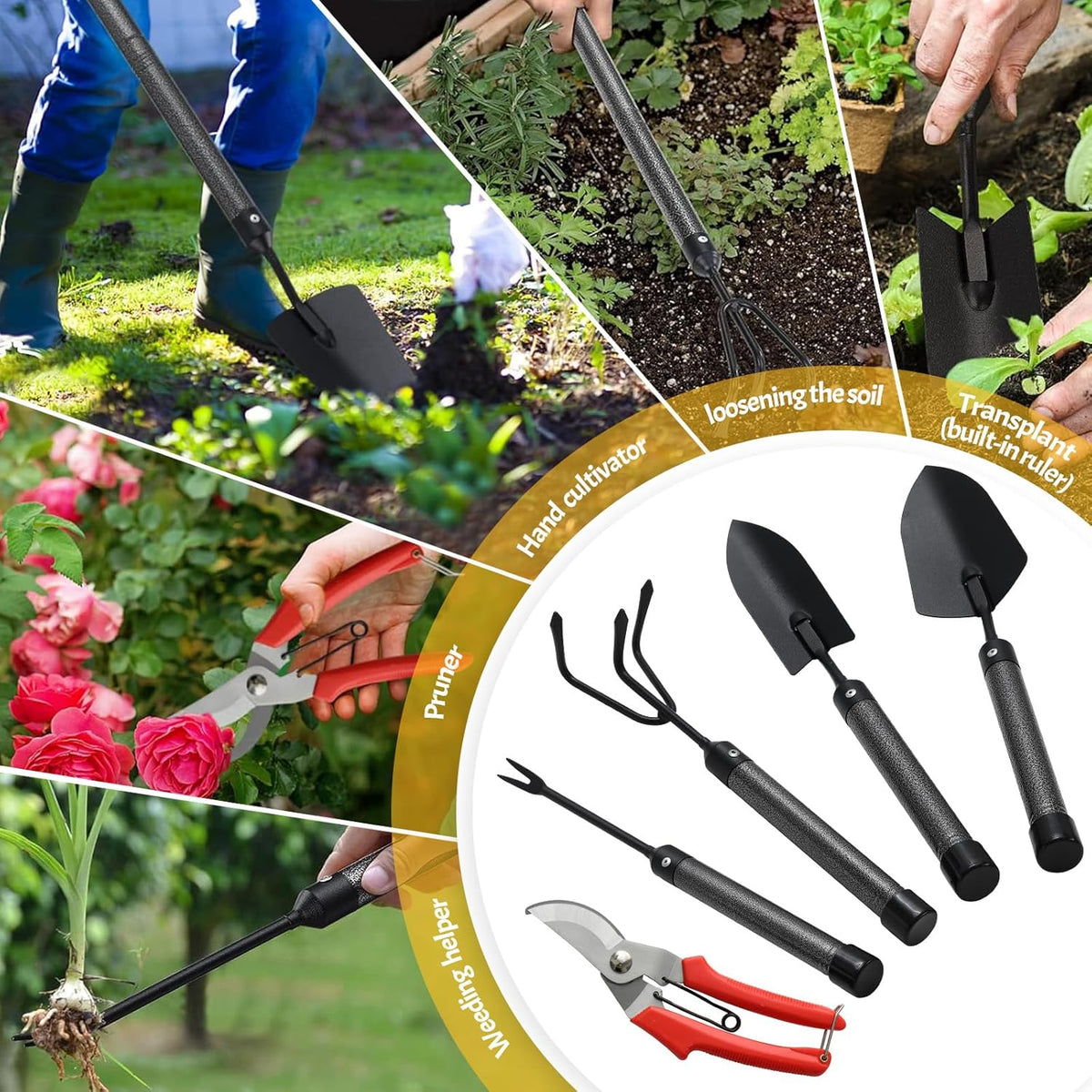 Garden Tool Set with Extended Long Handle, 5 Pieces Stainless Steel Gardening Tool Kit, Gifts for Parents and Kids
