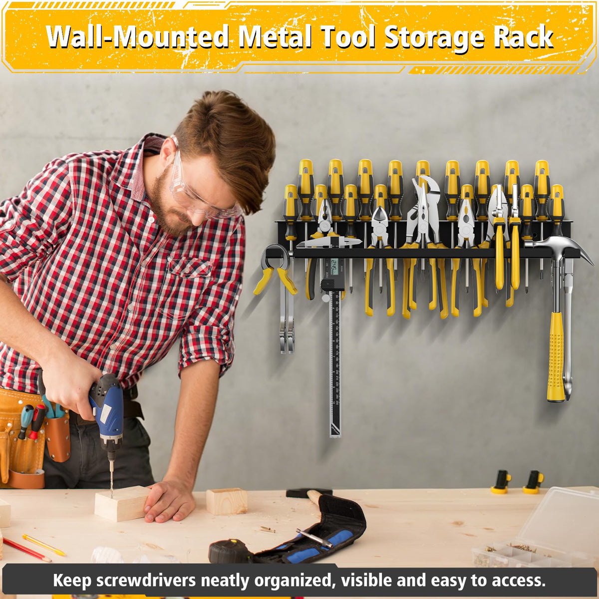 Screwdriver Organizer Wall Mount, Heavy Duty Steel, with 43 Holes
