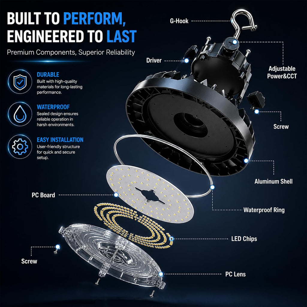 JCE UFO LED High Bay Light, Selectable 100W/120W/150W, 5000K, 21750LM 90 Degree Warehouse High Bay LED Shop Lights, Commercial Round Industrial Garage Gym Workshop Factory Interior(2 Pack)