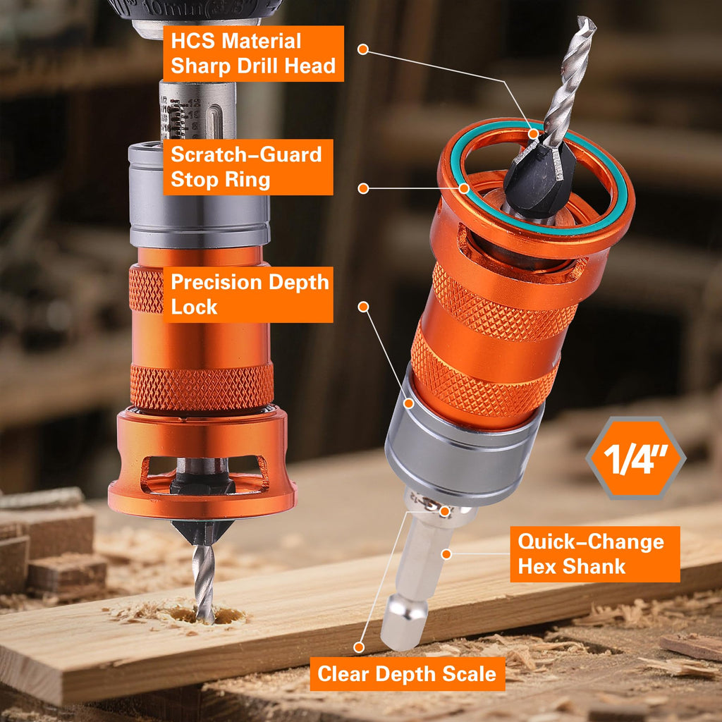 Countersink Drill Bit Set, 5 Wood Sizes with Adjustable Depth Stop