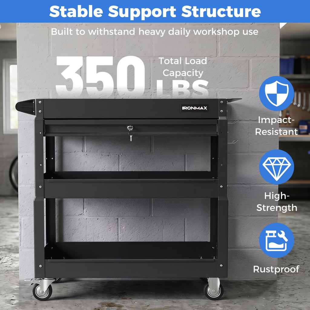 3 Tier Tool Cart on Wheels with Lockable Drawer, 350 LBS Load