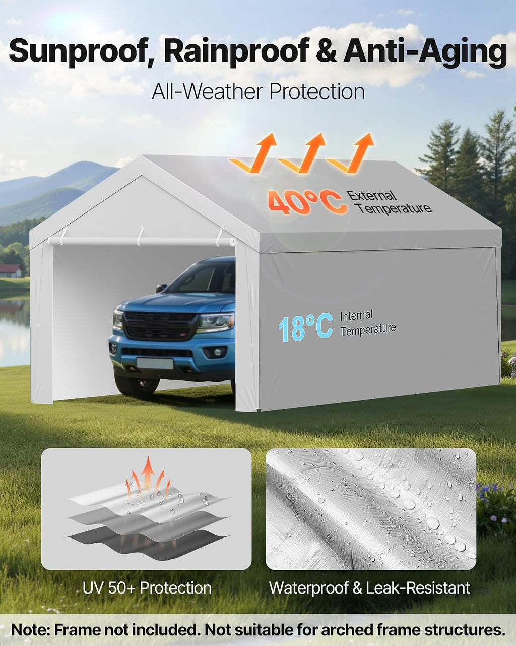 Carport Replacement Canopy Cover, 12 x 20 ft Potable Garage Tent Top Tarp with Sidewalls, UV-Resistant & Waterproof