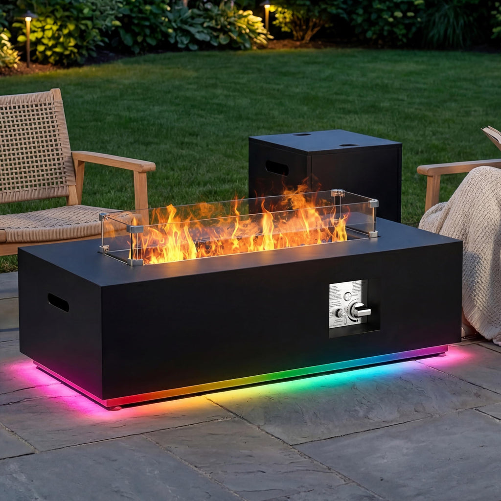 42" Rectangular Outdoor Propane Fire Pit Table with LED for Outside Patio
