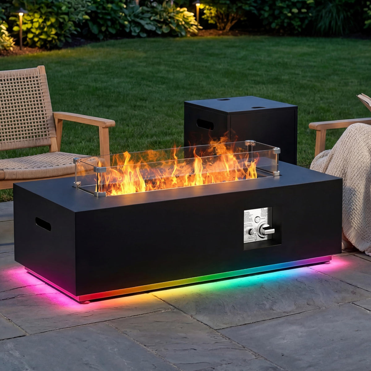 42" Rectangular Outdoor Propane Fire Pit Table with LED for Outside Patio