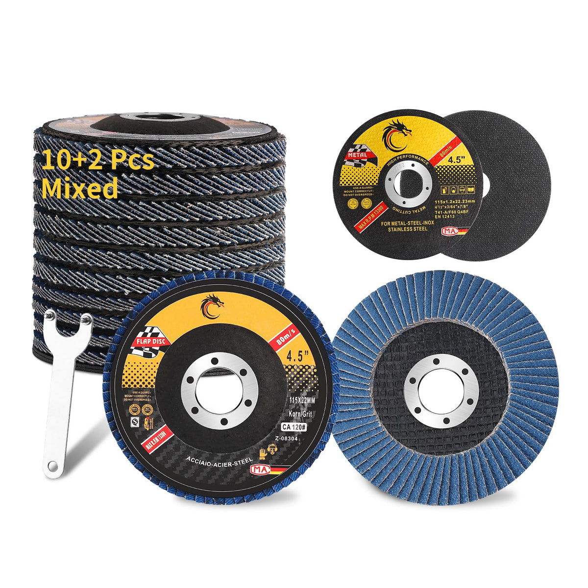 Flap Discs 40/60/80/100/120 Grit Zirconia Sanding Disc Set with Cutting Wheels for Angle Grinder, 4 1/2 x 7/8-Inch Flap Sanding Disc for Metal Stainless Steel，Type 27 Grinding Wheel Discs Kit (10+2+1)