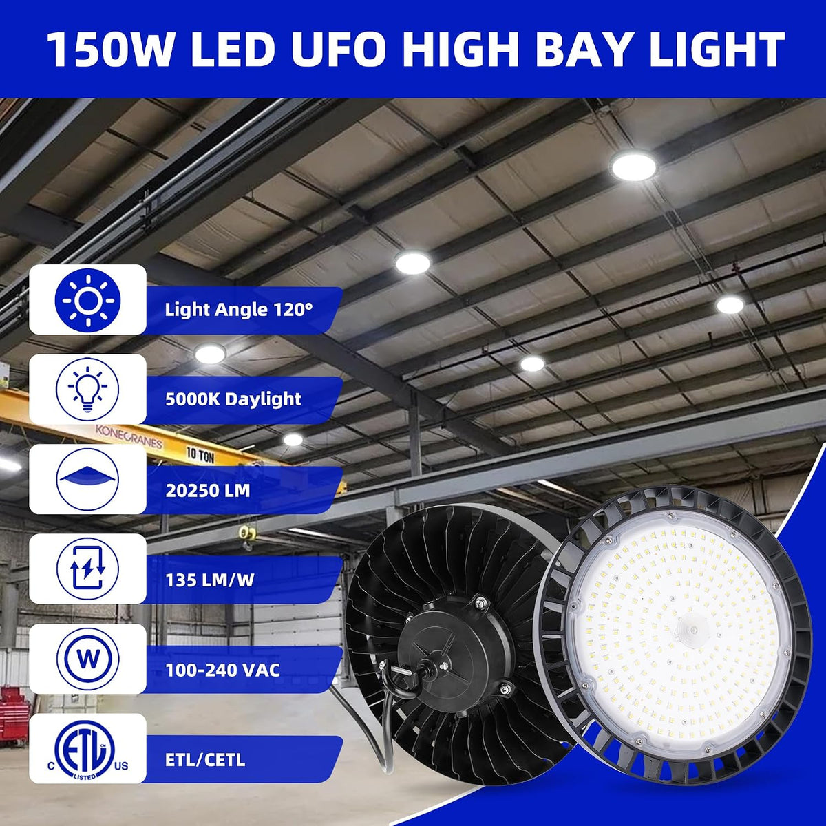 hykolity UFO LED High Bay Light, 150W, 19500LM, 5000K Daylight, 130LM/W