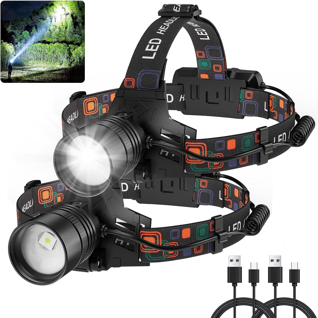 Rechargeable Headlamp 2Pack, 99000 Lumens Super Bright LED Head Lamp with 3 Modes, 90° Adjustable Head Lights for