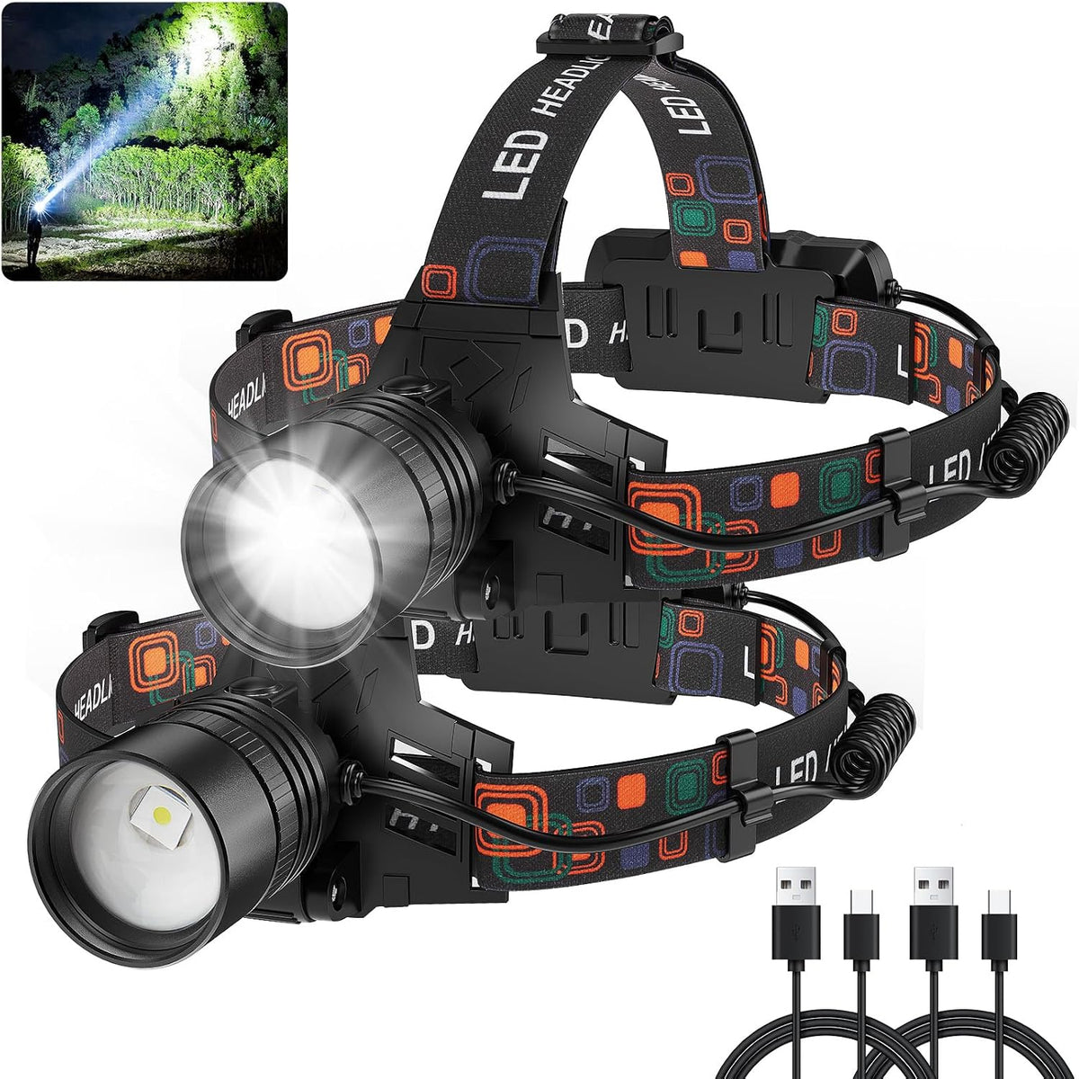 Rechargeable Headlamp 2Pack, 99000 Lumens Super Bright LED Head Lamp with 3 Modes, 90° Adjustable Head Lights for