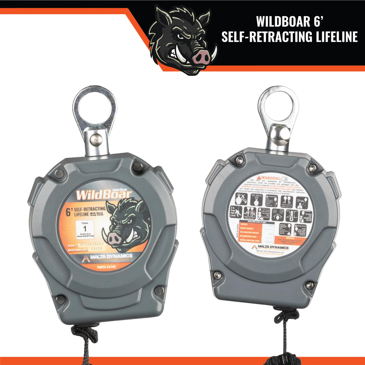 Wild Boar 6’ Single Self Retracting Lifeline – SRL Fall Protection Lanyard with Steel Snap Hook for Construction Site