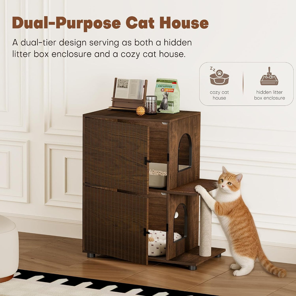 Double Cat Litter Box Enclosure Furniture, Dog Proof Hidden Litter Box