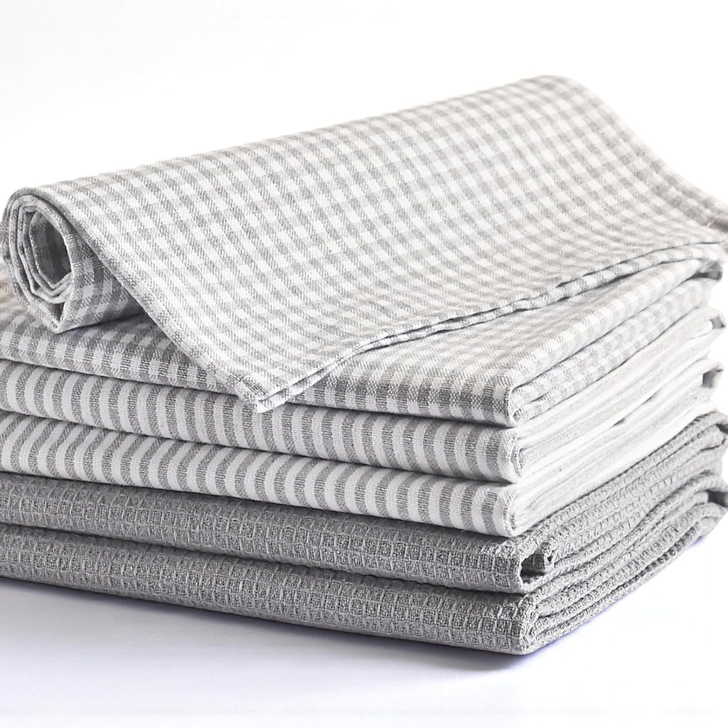 Cotton Dish Towels For Kitchen Drying - Highly Absorbent Light Gray Striped Gingham Plaid Tea Towels - 18"X28" Set Of