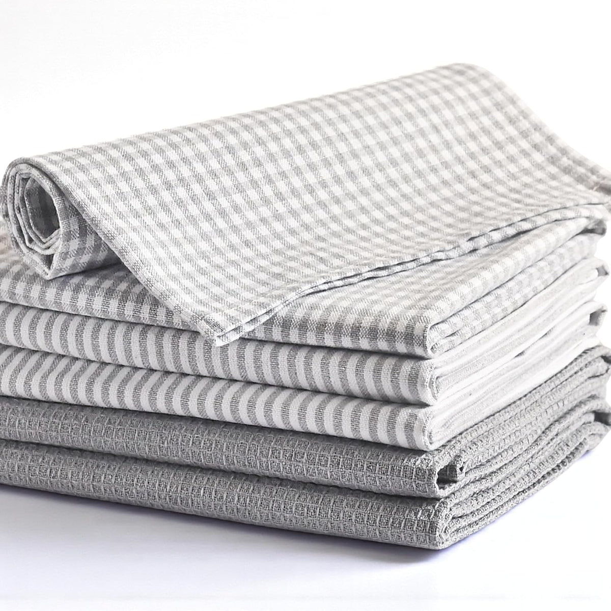 Cotton Dish Towels For Kitchen Drying - Highly Absorbent Light Gray Striped Gingham Plaid Tea Towels - 18"X28" Set Of