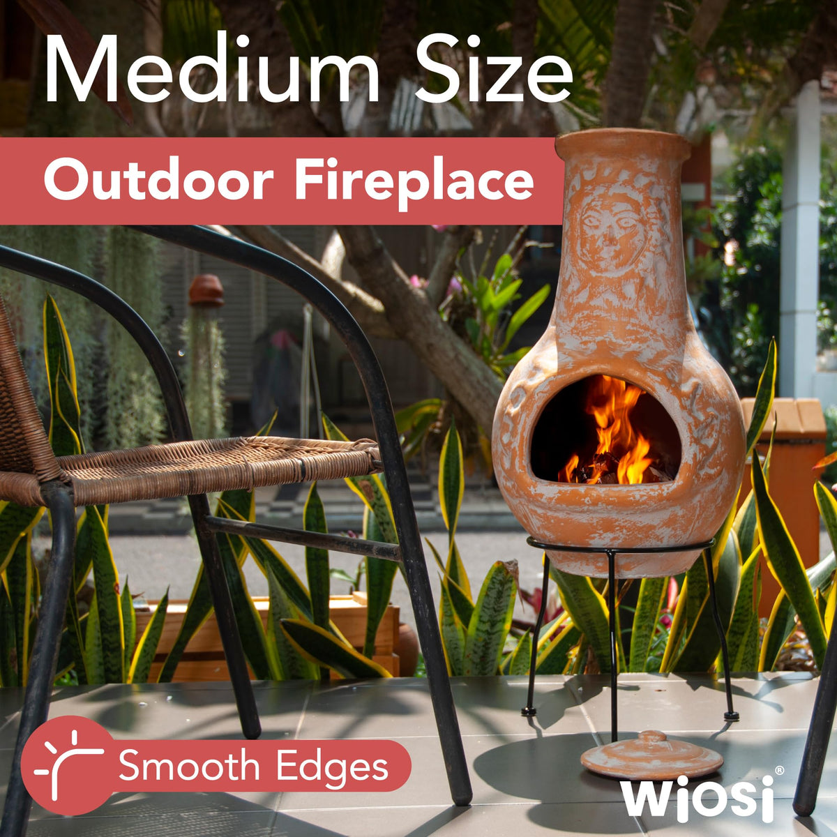 Terracotta Chimenea Outdoor Fireplace, Clay Chiminea with Lid & Metal Stand