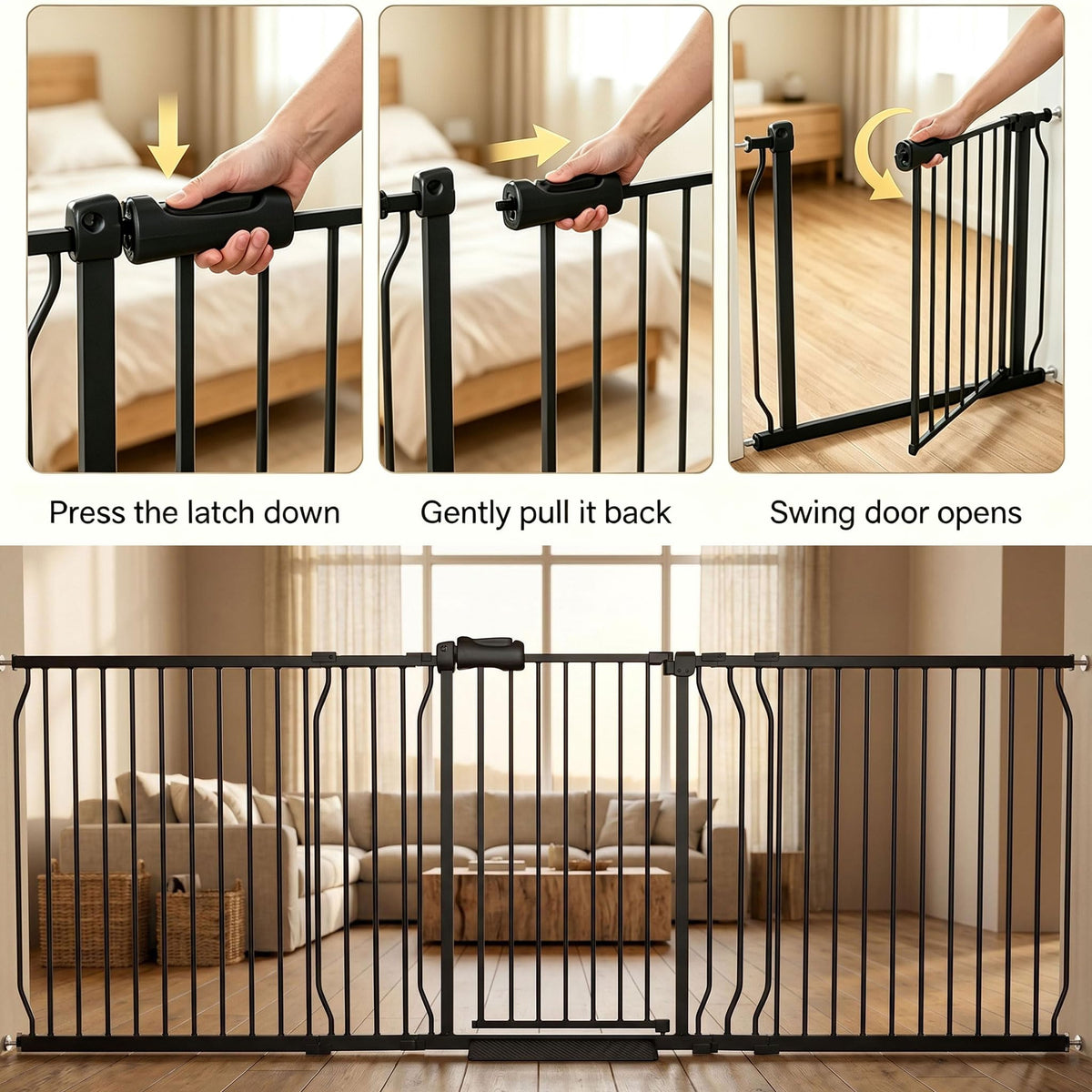 105" Extra-Wide Adjustable Hardware/Pressure-Mounted Pet & Child Safety Gate with Dual-Lock Walk-Through Swing Door for Stairs, Hallways & Wide Doorways