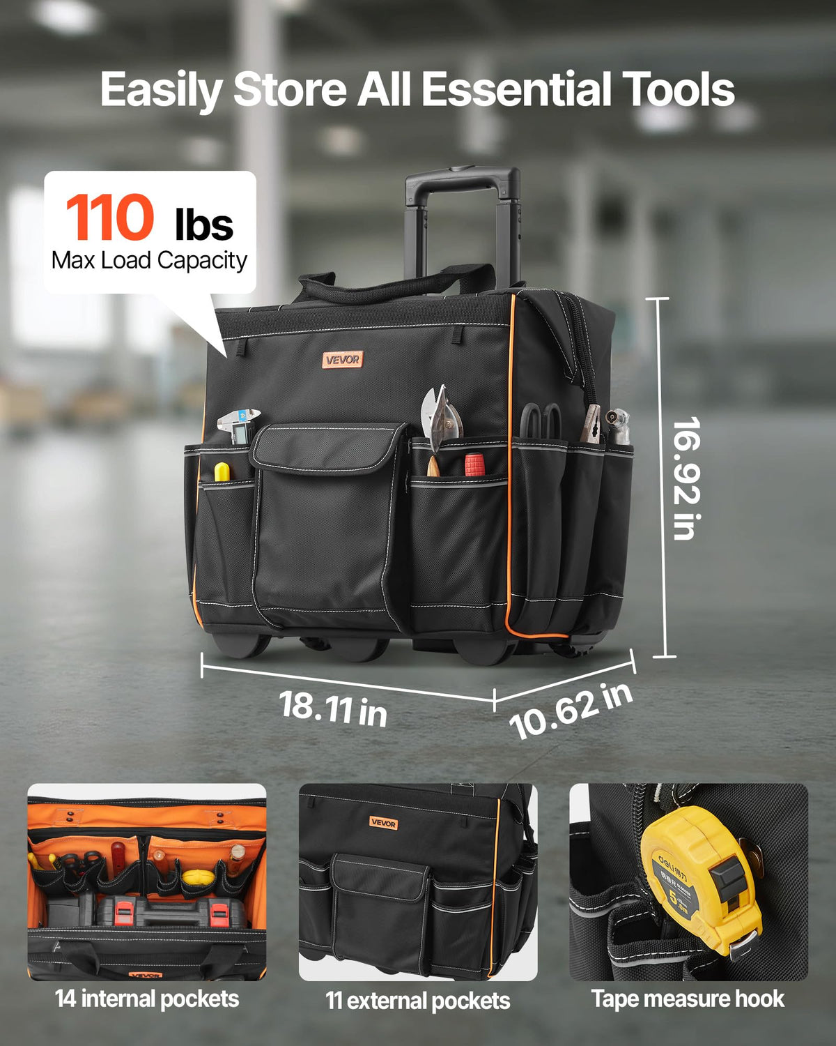 18" Rolling Tool Bag, 110lbs Load Capacity, 25Pockets Heavy Duty Roller Tool Bag w/Adjustable Telescoping Handle &