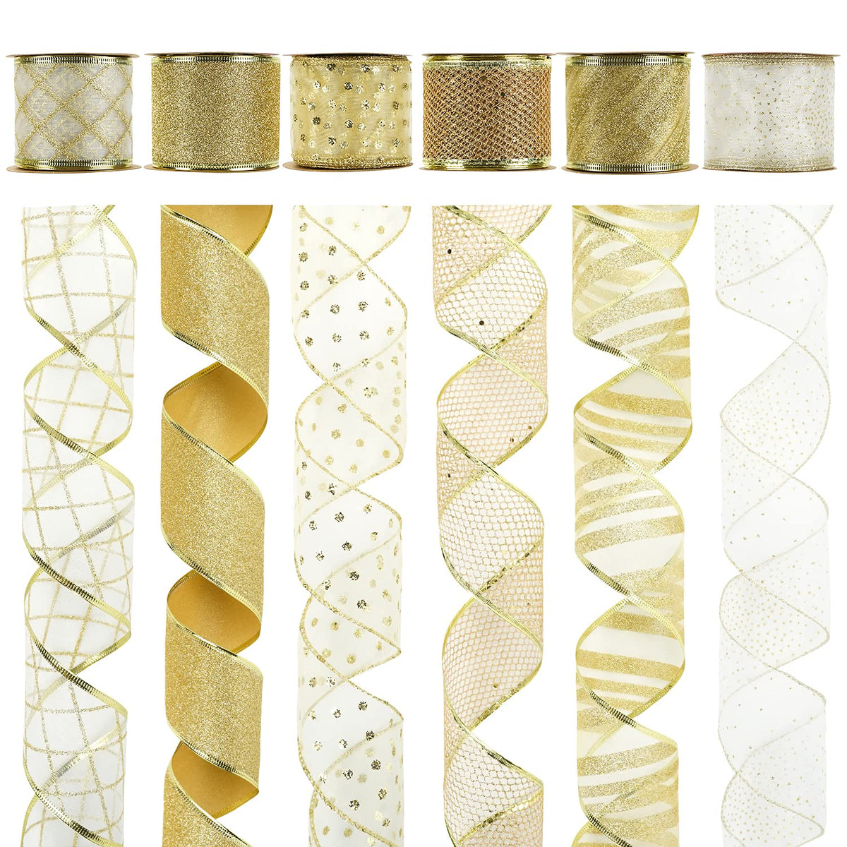 MEEDEE White and Gold Ribbon for Christmas Tree 2.5 Inch 6 Rolls 36 Yards Christmas Ribbons Gold Ribbons for