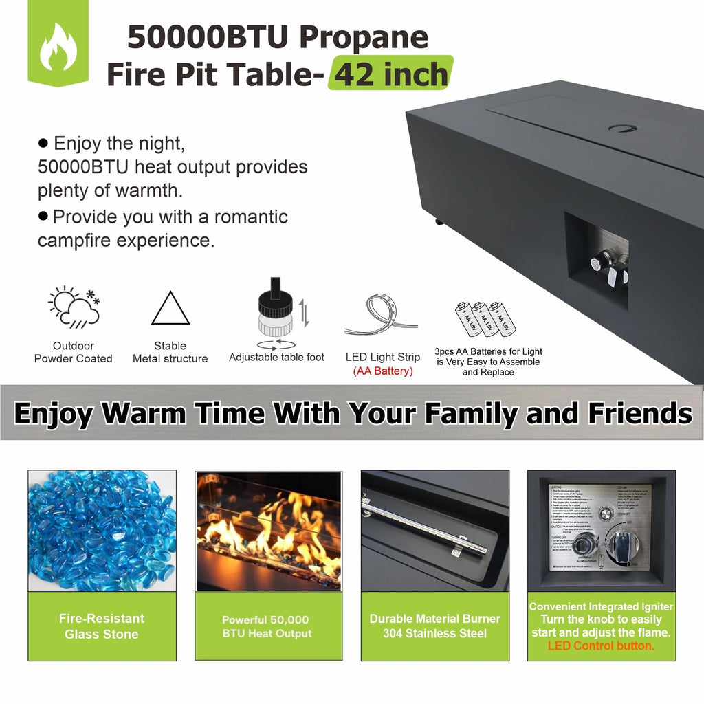 2-Piece 42" Rectangular Propane Fire Pit Table for Outside Patio 50,000 BTU