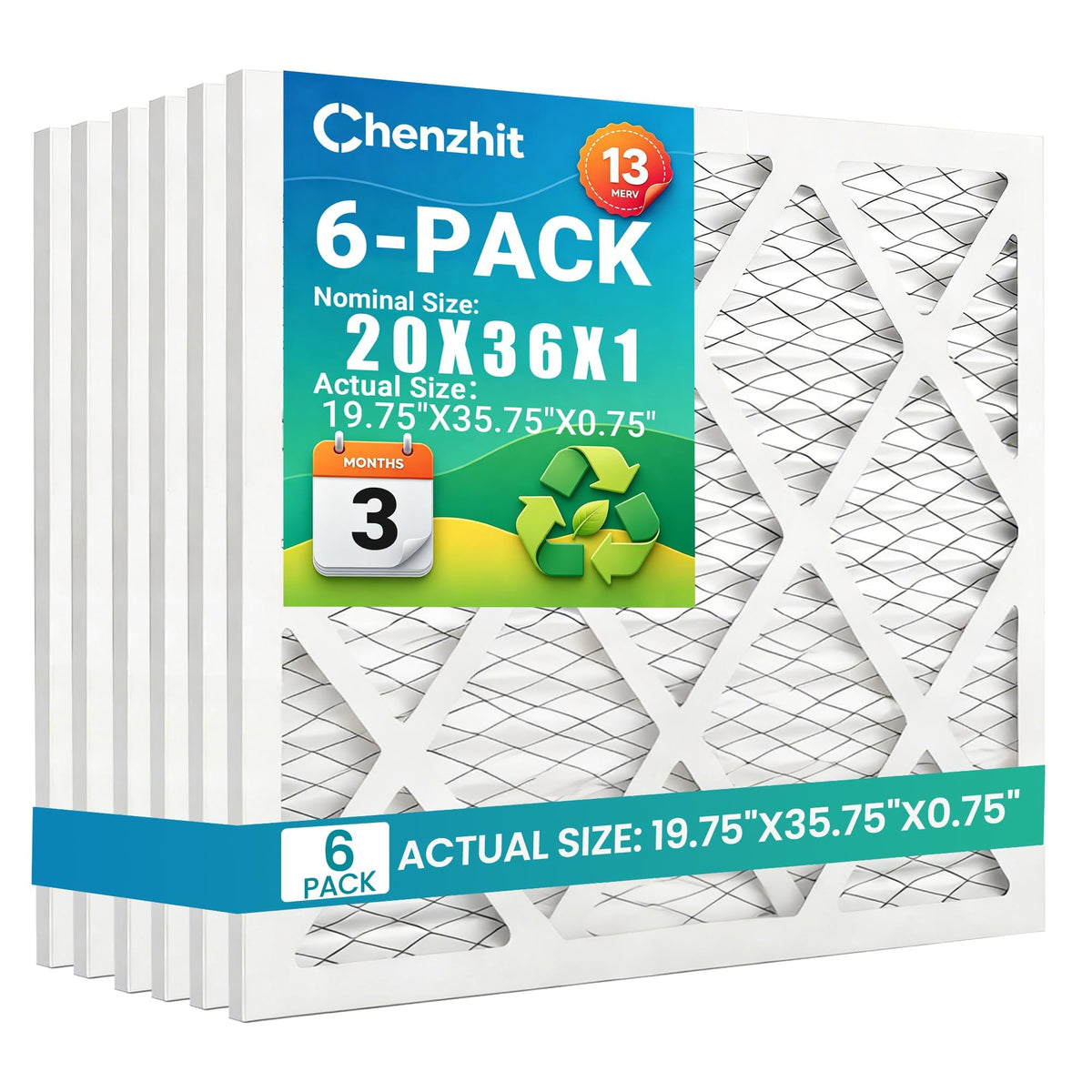 (6 Pack) 20x36x1 Air Filter, MPR 1900 & FPR 10, MERV 13 Pleated Air Filter (Actual Size:19 3/4x35 3/4x3/4 inch)