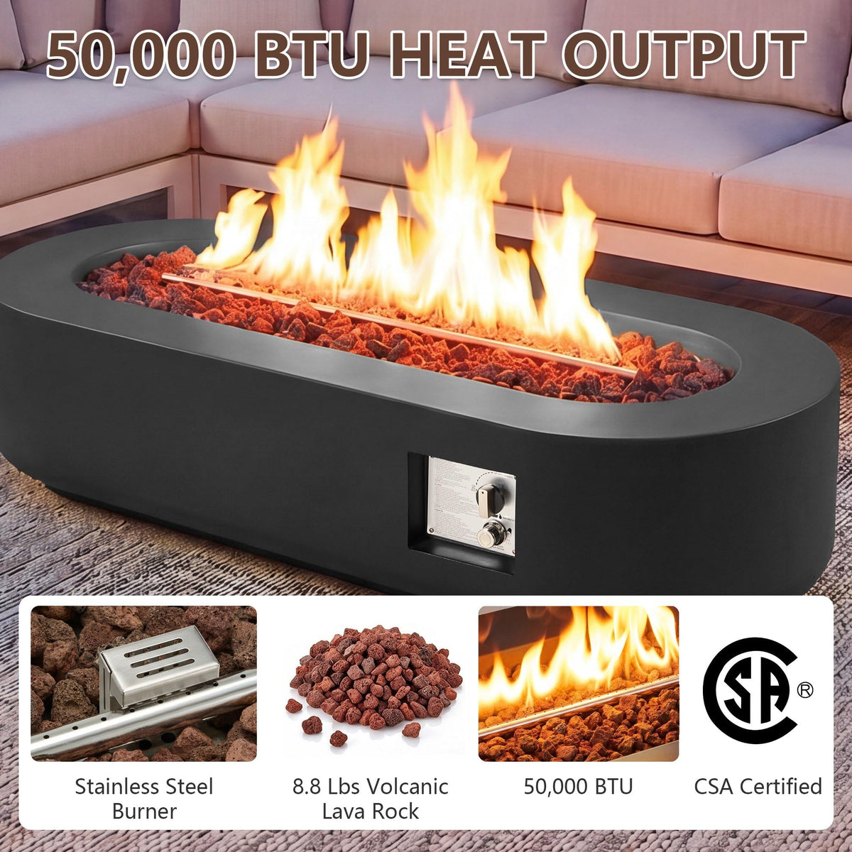 56" Propane Fire Pit Table Outdoor Oval Gas Fire Pit Table with Tank Holder