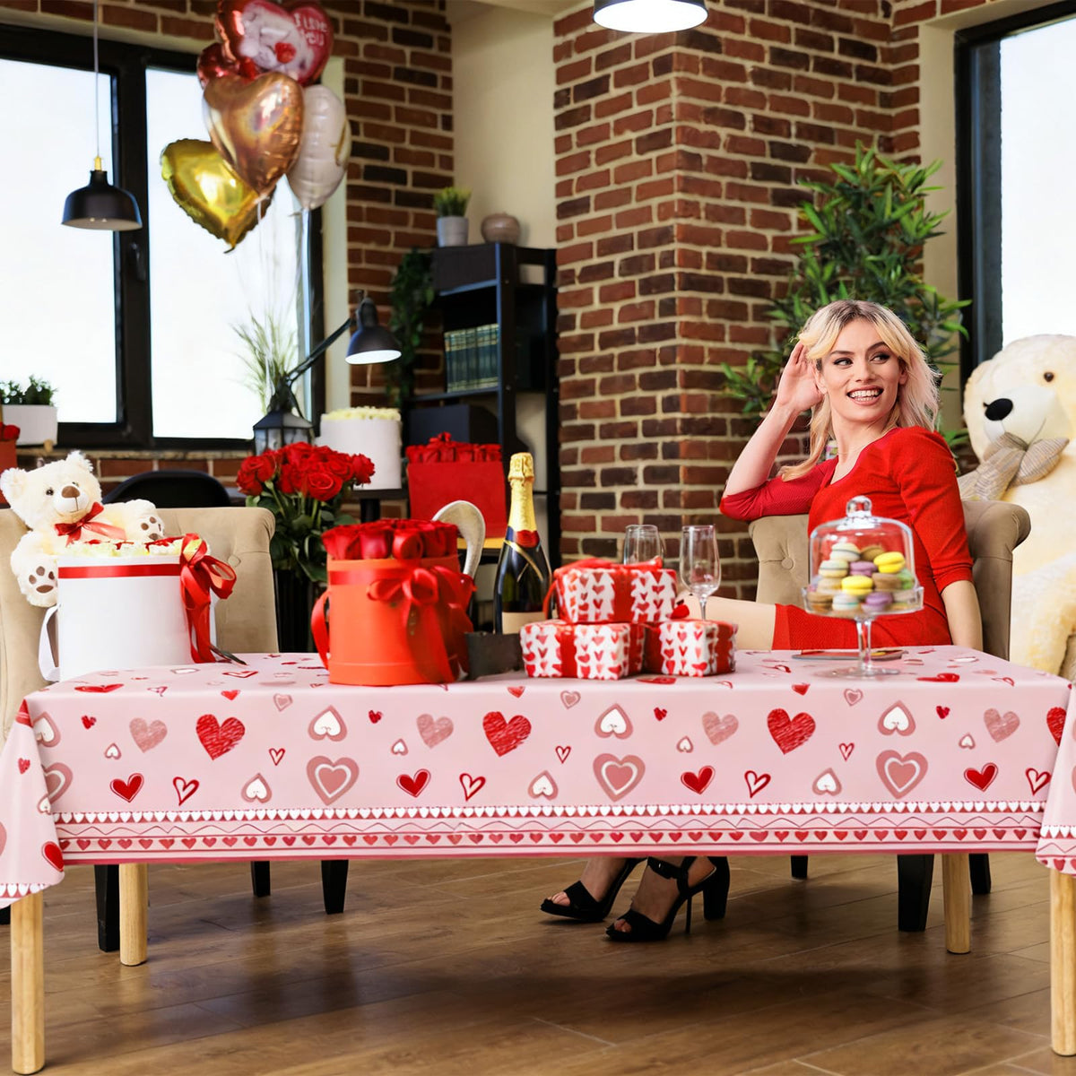 3 Pieces Valentine’s Day Hearts Plastic Tablecloth – 54x108 Inch Pink and Red Disposable Love Table Covers for