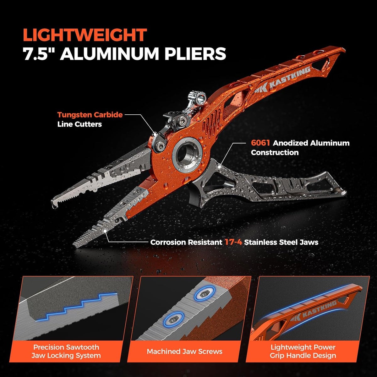 AlumaStream 7.5" Aluminum Fishing Pliers & Rig Tool Combo | Hook Remover, Split Ring Pliers, Wacky & Neko Rig Plier