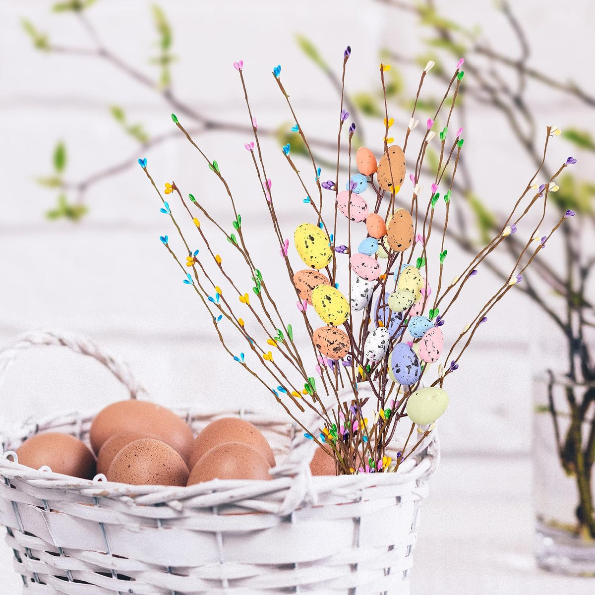 Artificial Easter Spray Vine with Pastel Easter Eggs and Berries- Decorative Spring Floral Stems-Easter Egg Twig