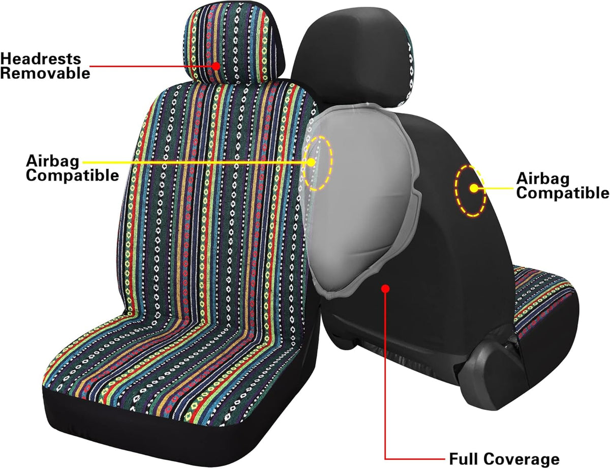 Baja Saddle Blanket Car Seat Covers Front Set with Seat Belt Pads, Washable Breathable Striped Woven Cloth Seat