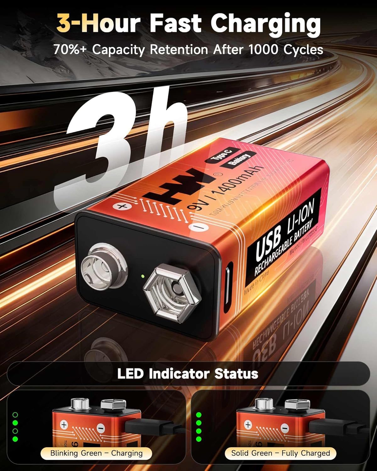 9 Volt Batteries 4 Pack, 1400mAh Rechargeable Lithium Battery 9V with USB C Fast Charging Cable, 1000 Cycles Square