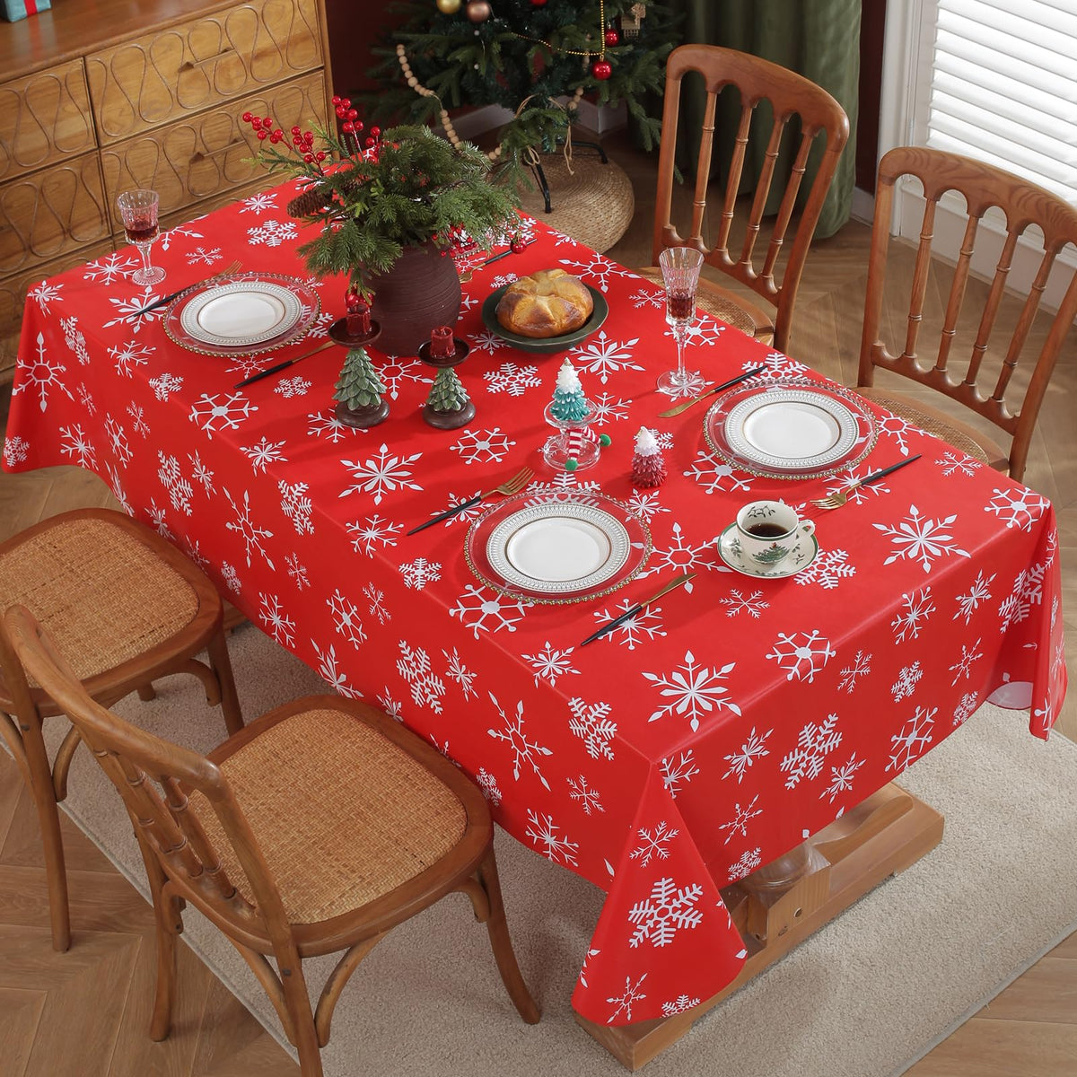 Christmas Red Table Cloth, Snowflake Print, Flannel Backed Vinyl Tablecloth for Rectangle Tables, Waterproof PVC