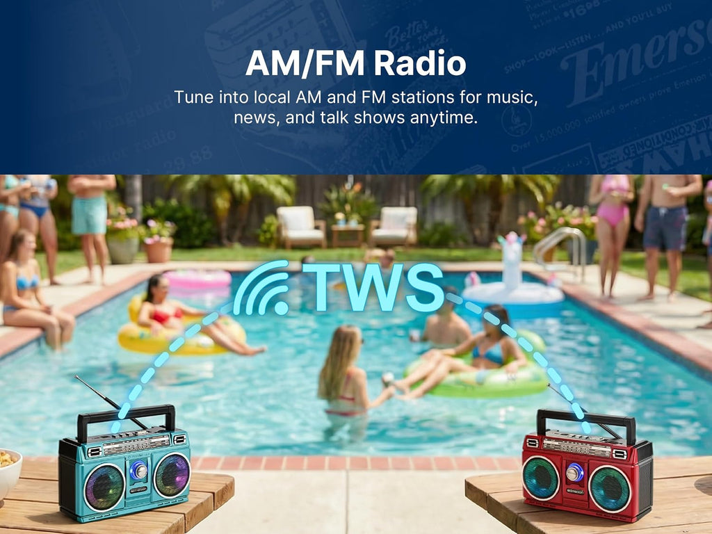 Portable Bluetooth Radio Boombox with 4-Band AM/FM/TV/SW Shortwave Radio, Rechargeable Battery, USB & TF Card MP3
